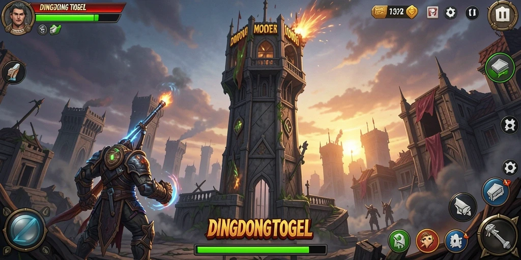 Screenshot DINGDONGTOGEL menampilkan gameplay Tower Defense yang intens.
