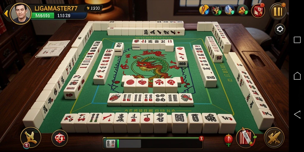 Tampilan gameplay seru dalam LIGAMASTER77 saat menyusun ubin Mahjong.