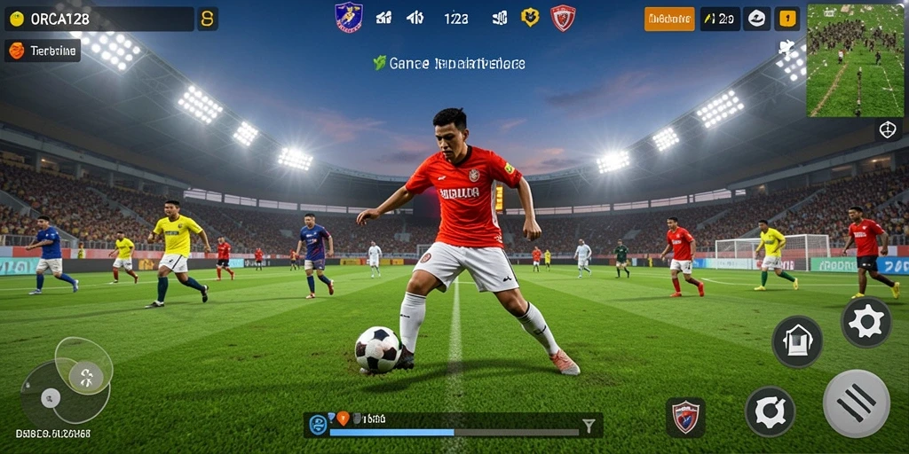 Screenshot gameplay ORCA128 menampilkan aksi seru di lapangan sepak bola.
