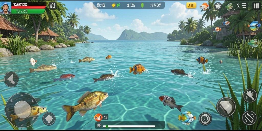 Screenshot gameplay TGER123 menampilkan momen seru saat menangkap ikan besar.