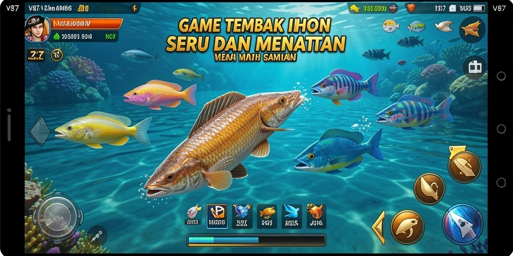 Gameplay V87 yang seru dengan berbagai jenis ikan untuk ditangkap.